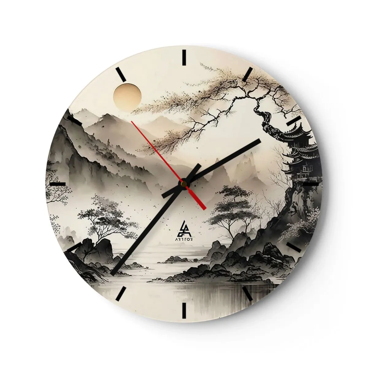 Wandklok - Klok - Chinese inkttekening van een berglandschap met een pagode en een mistige vallei - 30x30cm - De unieke charme van het Oosten - Moderne wanddecoratie voor woonkamer, keuken en slaapkamer ARTTOR