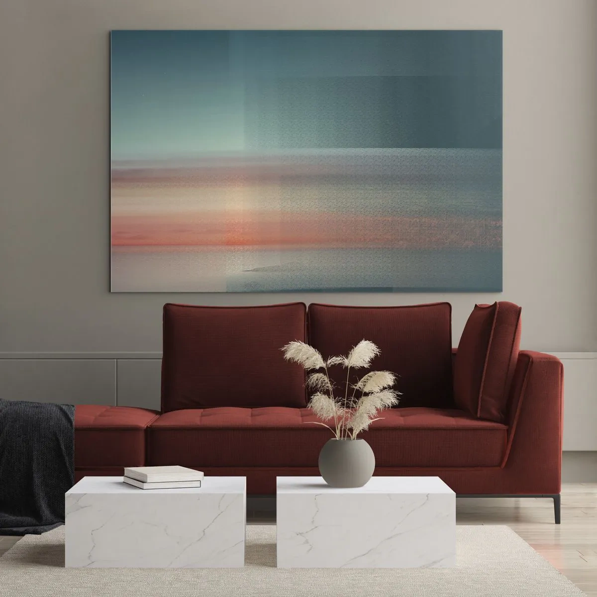 Schilderen op glas - Een pastelabstractie die doet denken aan lichtgolven bij zonsondergang. - 70x50cm - Abstractie: golven van licht - Moderne wanddecoratie voor woonkamer en slaapkamer ARTTOR