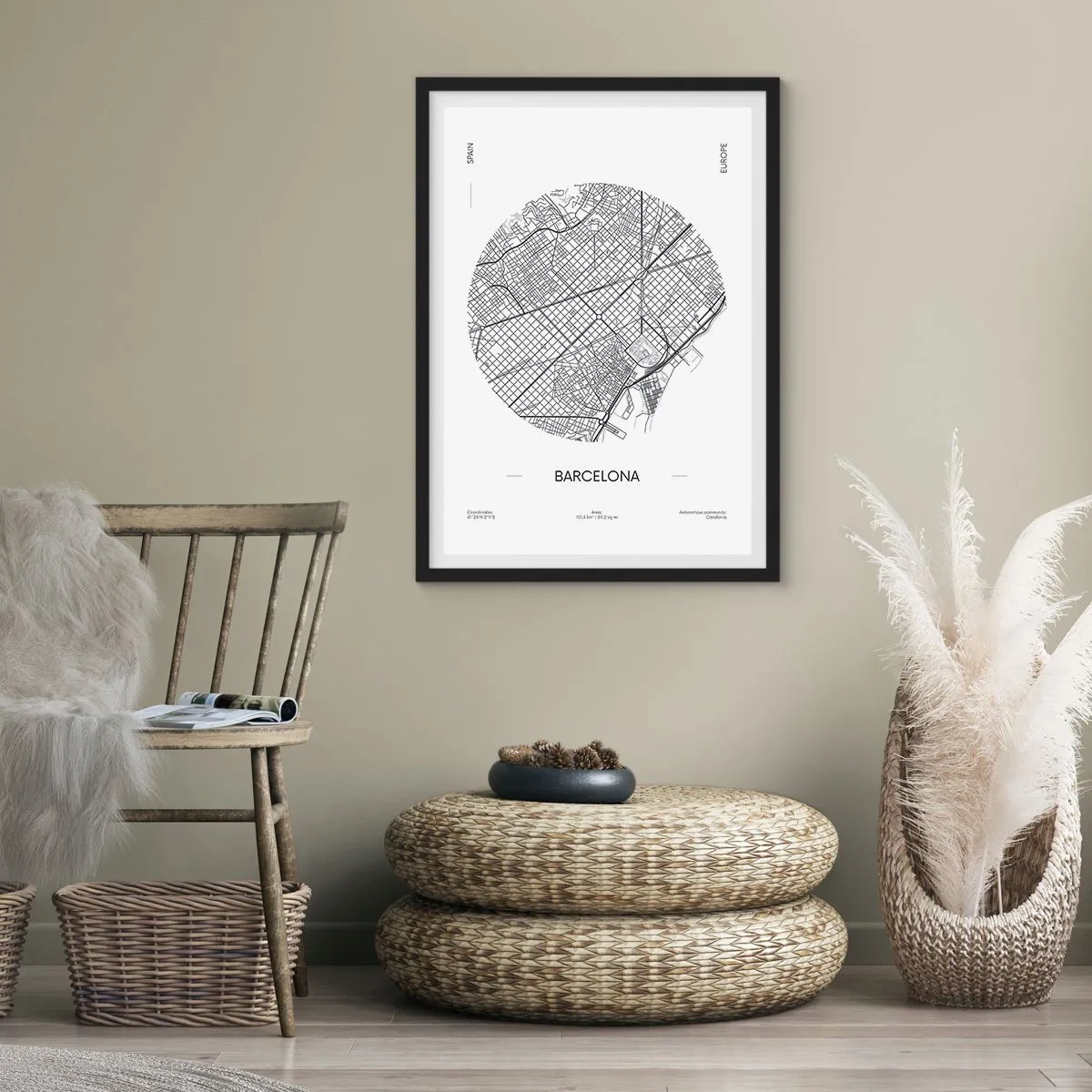 Poster in een zwarte lijst - Een minimalistische kaart van Barcelona in zwart-wit. - 50x70cm - Anatomie van Barcelona - Moderne wanddecoratie voor woonkamer en slaapkamer ARTTOR