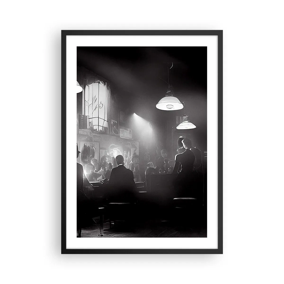 Poster in een zwarte lijst - Een zwart-witscène uit een sfeervolle jazznachtclub - 50x70cm - In jazz-sfeer - Moderne wanddecoratie voor woonkamer en slaapkamer ARTTOR