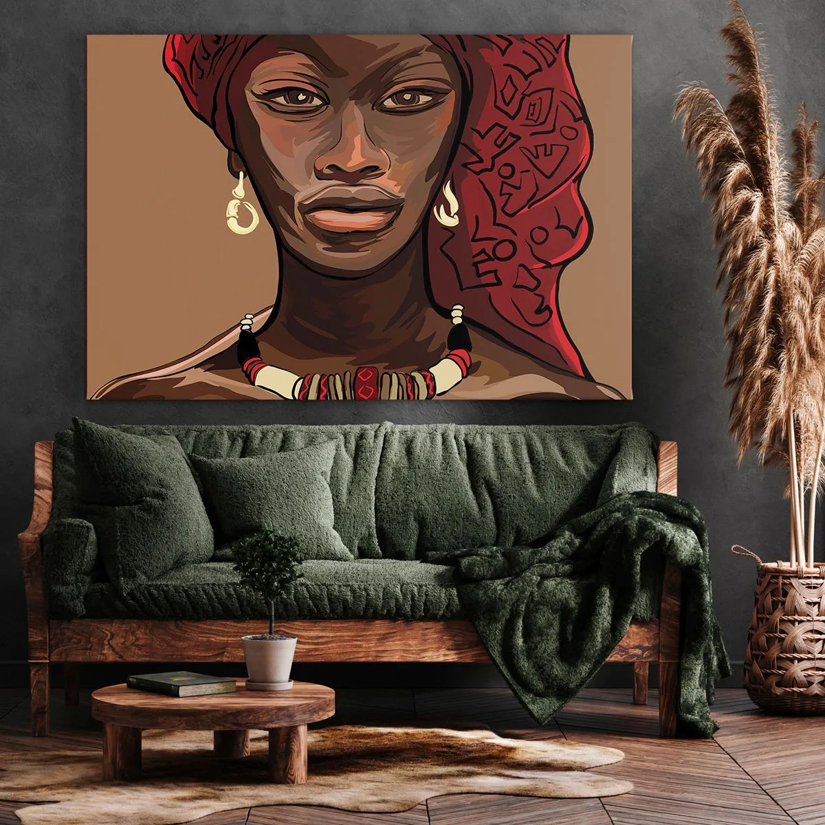 Schilderen op canvas - Portret van een vrouw met een rode tulband op een beige achtergrond - 70x50cm - Ebbenhouten Venus - Moderne wanddecoratie voor woonkamer en slaapkamer ARTTOR