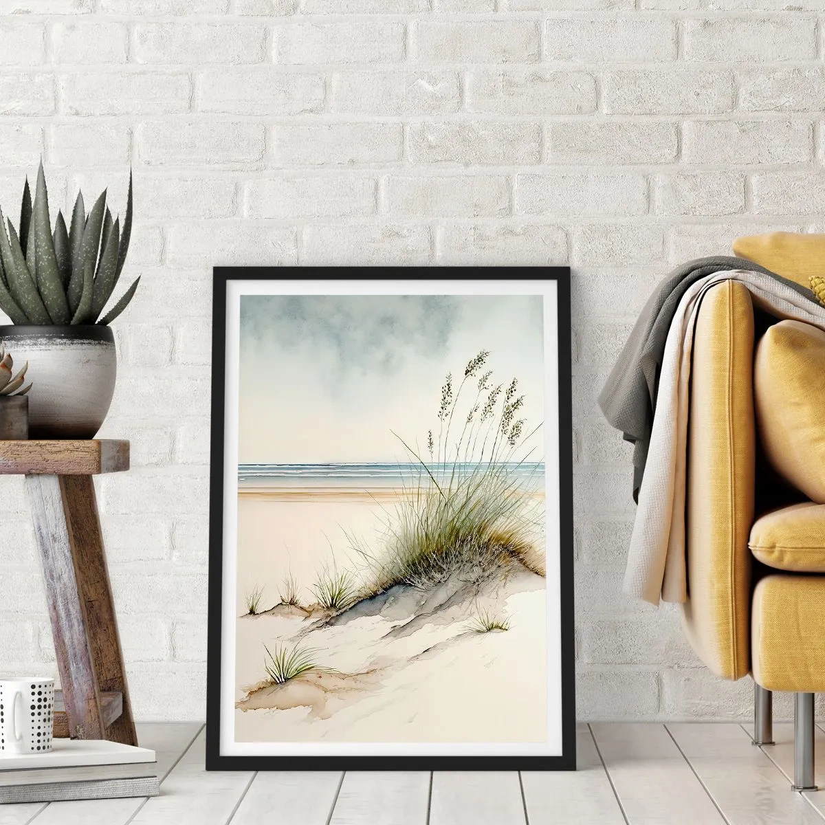 Poster in een zwarte lijst - Gestreeld door de wind - grassen op de duinen bij het strand - 50x70cm - Vertroeteld door de wind - Moderne wanddecoratie voor woonkamer en slaapkamer ARTTOR