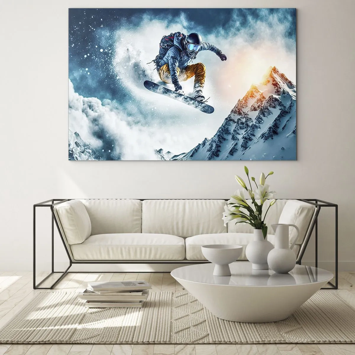 Schilderen op glas - Een snowboarder vliegt over besneeuwde bergen - 70x50cm - Extreme emoties - Moderne wanddecoratie voor woonkamer en slaapkamer ARTTOR