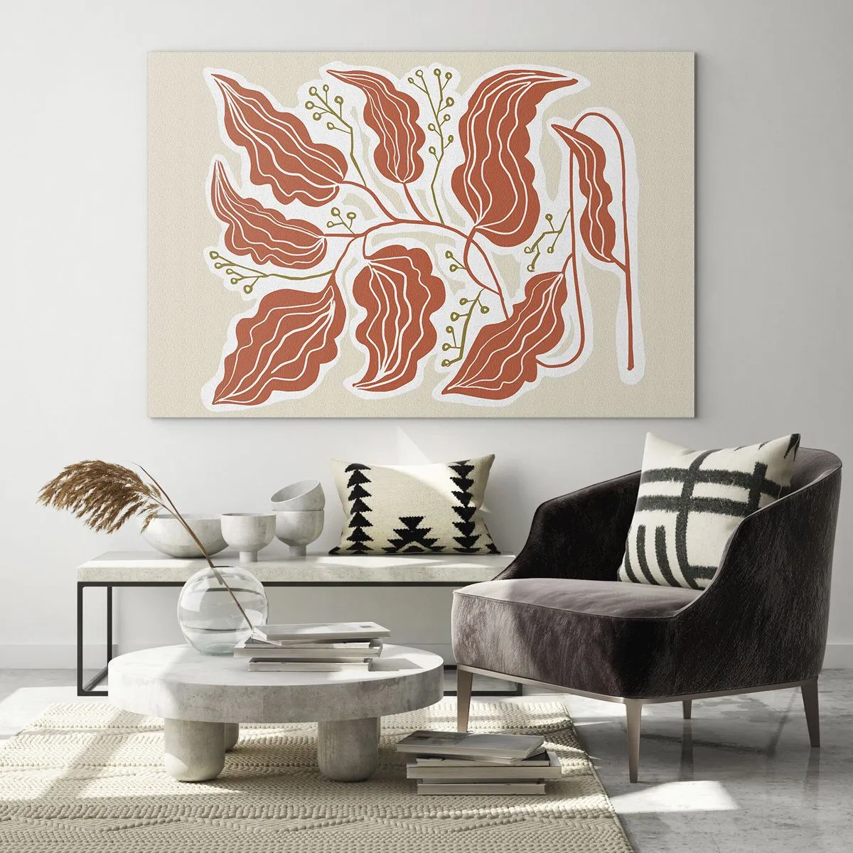 Schilderen op glas - Koraalbladeren met een volkspatroon op een lichte achtergrond - 70x50cm - Folk en koraal - Moderne wanddecoratie voor woonkamer en slaapkamer ARTTOR