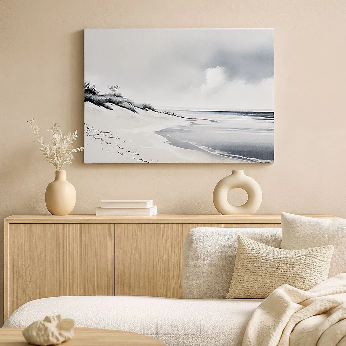 Schilderen op canvas - Een strand in gedempte tinten grijs en blauw - 70x50cm - Voor altijd samen - Moderne wanddecoratie voor woonkamer en slaapkamer ARTTOR
