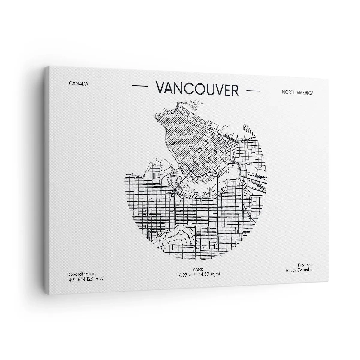 Schilderen op canvas - Een kaart van Vancouver in minimalistische zwart-witstijl - 70x50cm - Anatomie van Vancouver - Moderne wanddecoratie voor woonkamer en slaapkamer ARTTOR