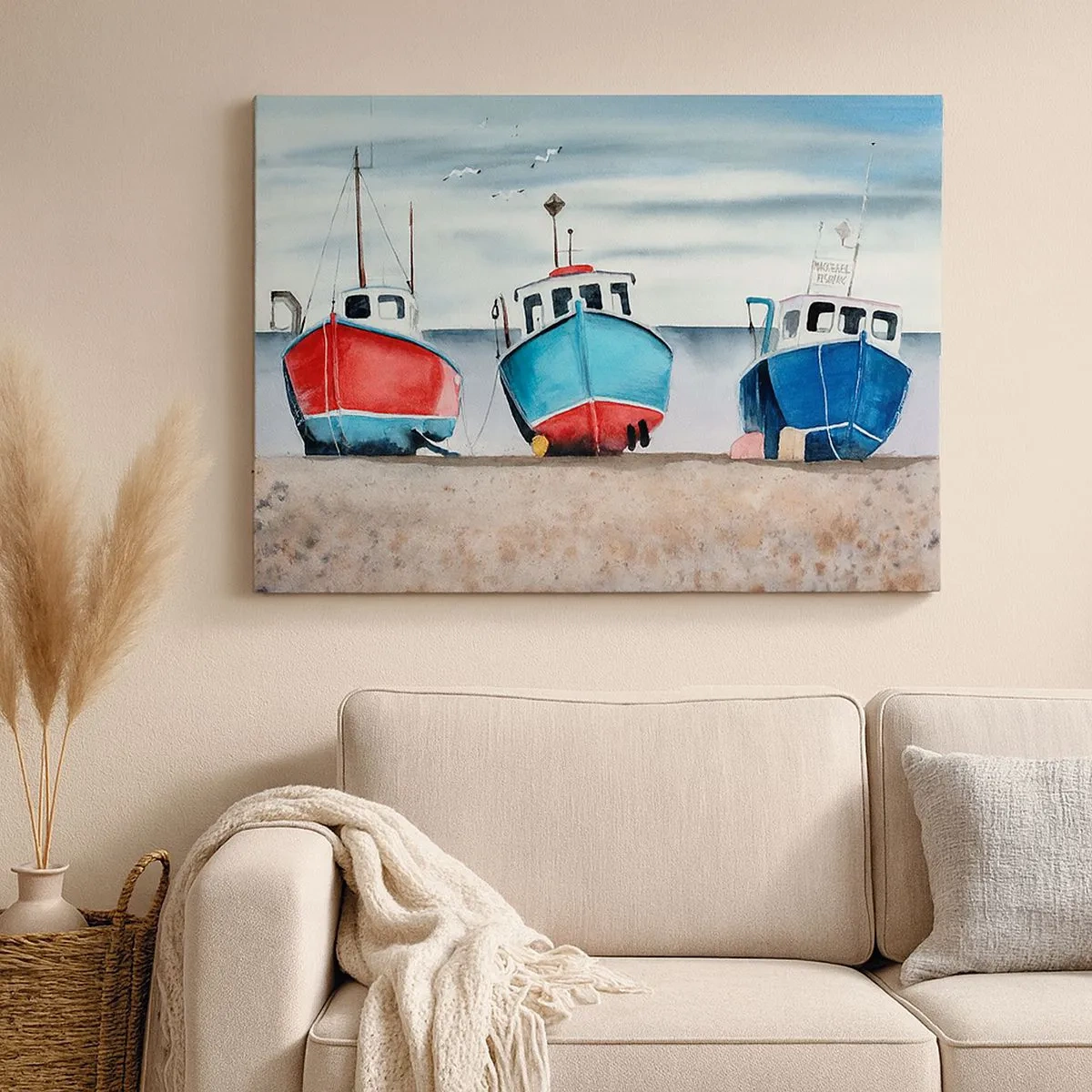 Schilderen op canvas - Kleurrijke vissersboten aan de kust in een zeegezicht - 70x50cm - Klaar om te vissen - Moderne wanddecoratie voor woonkamer en slaapkamer ARTTOR