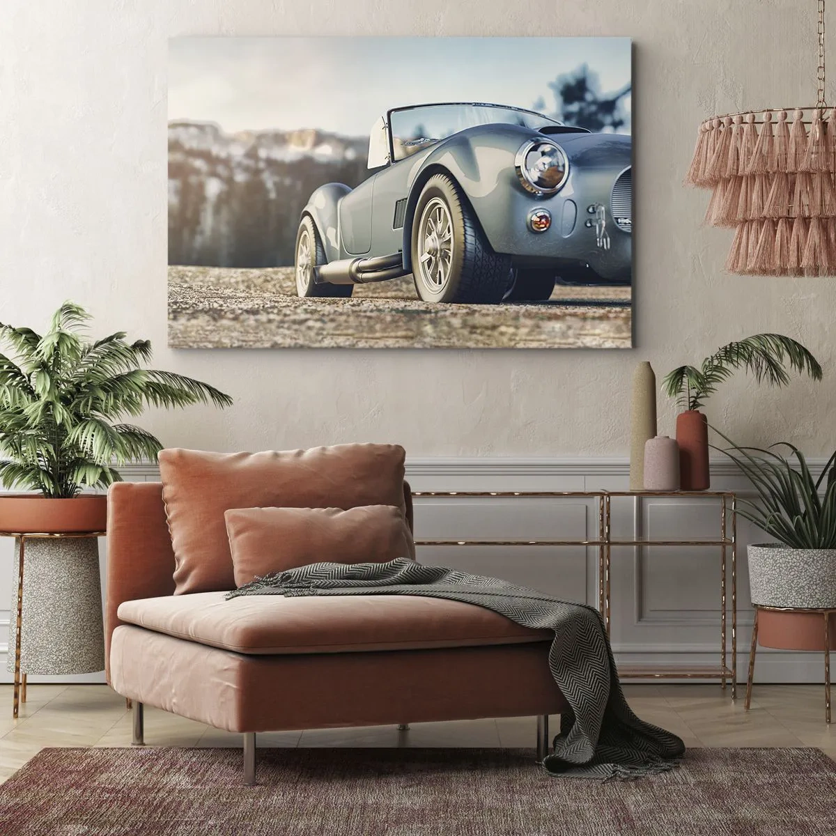 Schilderen op canvas - Klassieke cabriolet in een pittoreske omgeving - 70x50cm - Omdat stijl ertoe doet - Moderne wanddecoratie voor woonkamer en slaapkamer ARTTOR