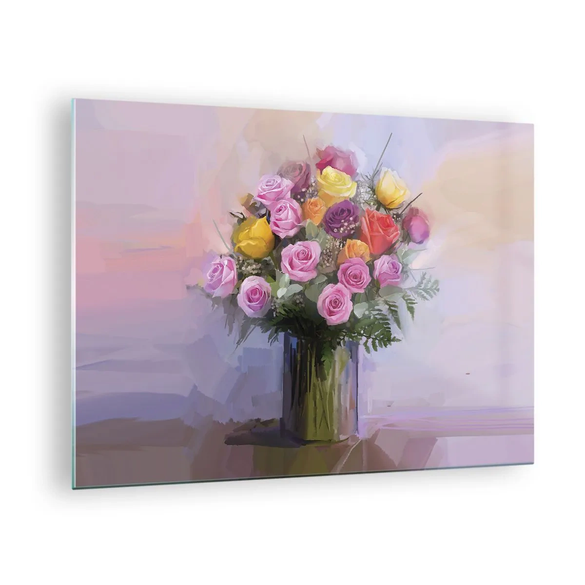 Schilderen op glas - Een boeket rozen in een glazen vaas op een pastelkleurige achtergrond - 70x50cm - Ingehouden schoonheid - Moderne wanddecoratie voor woonkamer en slaapkamer ARTTOR