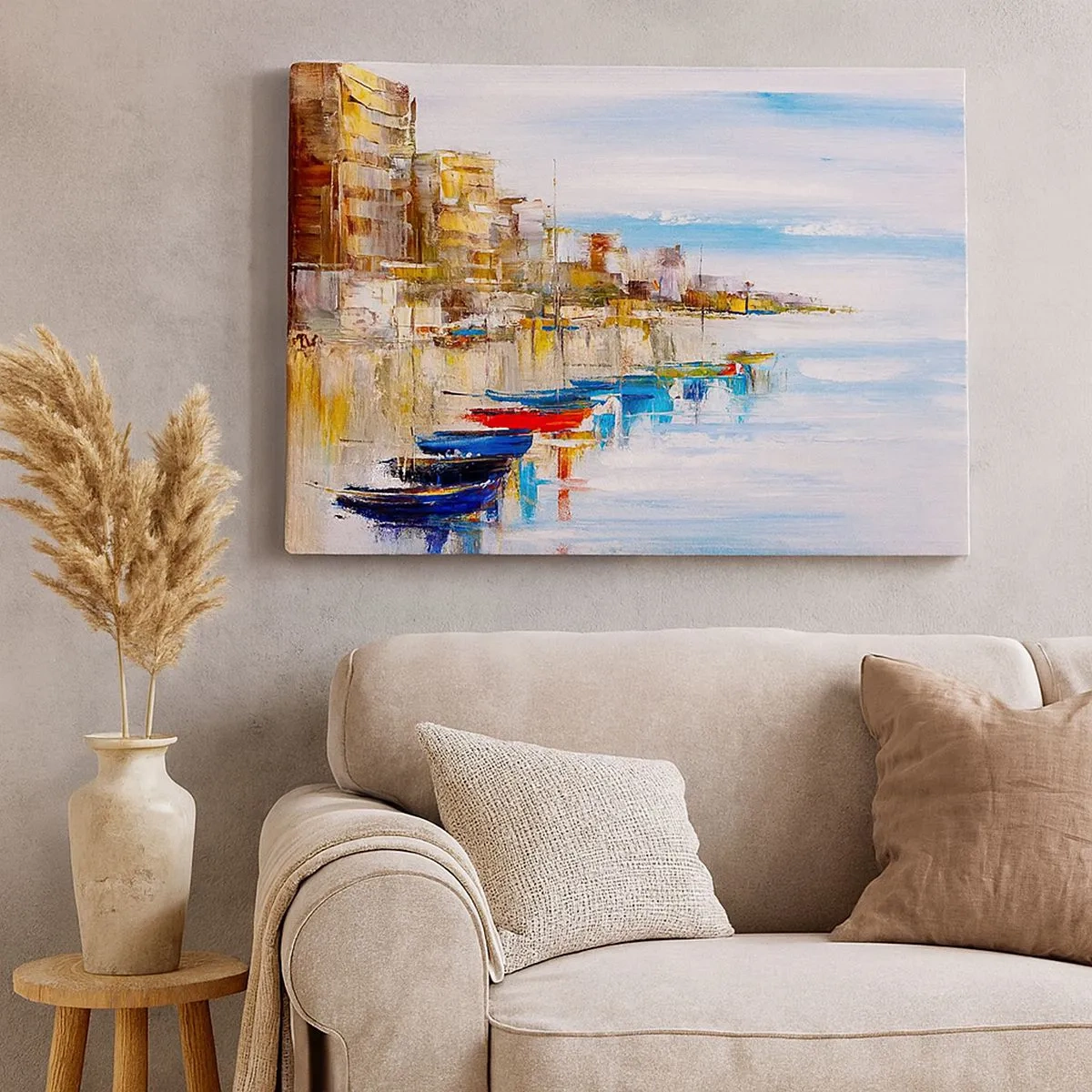 Schilderen op canvas - Kleurrijke boten aan de kust met uitzicht op de skyline van de stad - 70x50cm - Een veelkleurig stedelijk toevluchtsoord - Moderne wanddecoratie voor woonkamer en slaapkamer ARTTOR