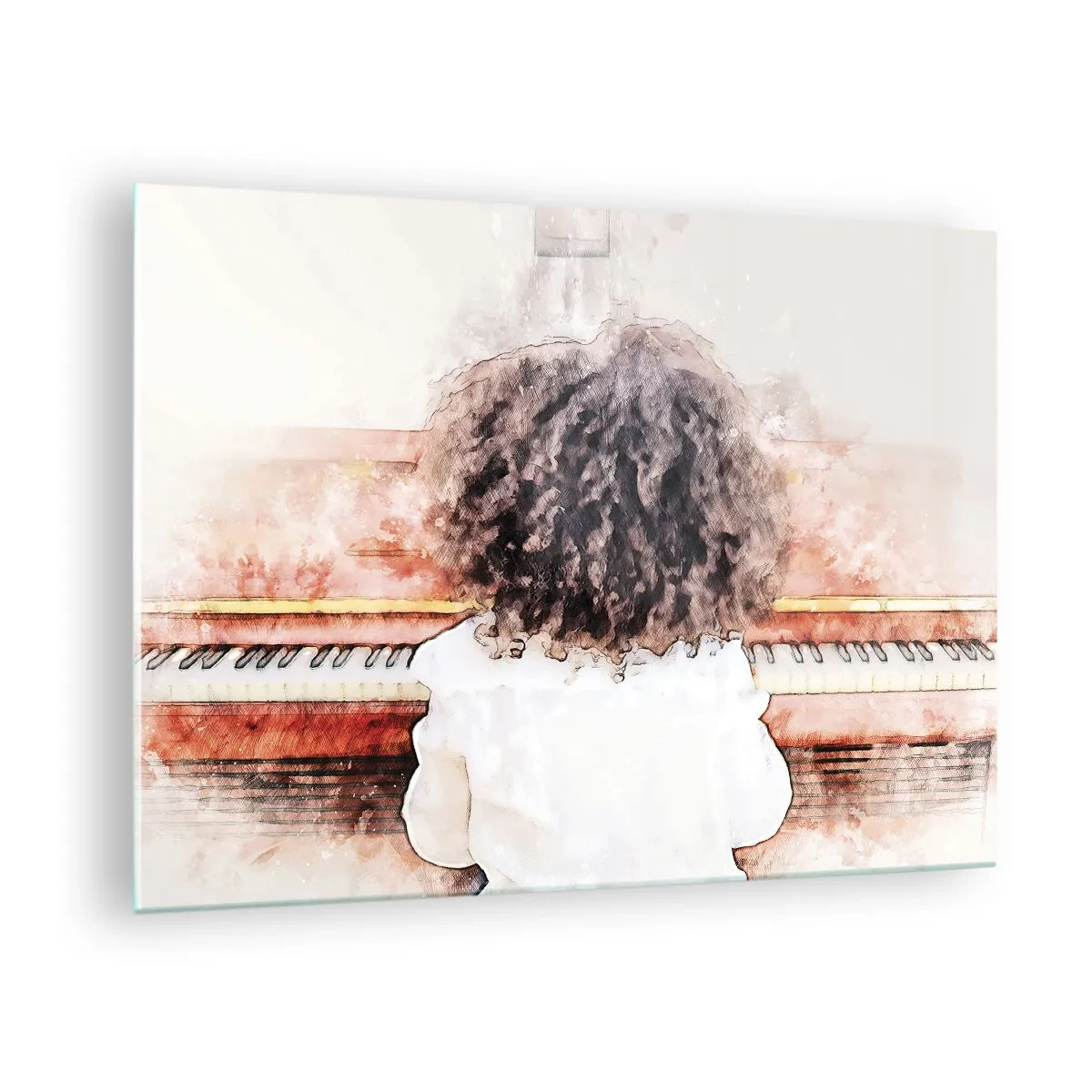 Schilderen op glas - Een kind met krullend haar dat piano speelt - 70x50cm - In de nieuwe wereld - Moderne wanddecoratie voor woonkamer en slaapkamer ARTTOR