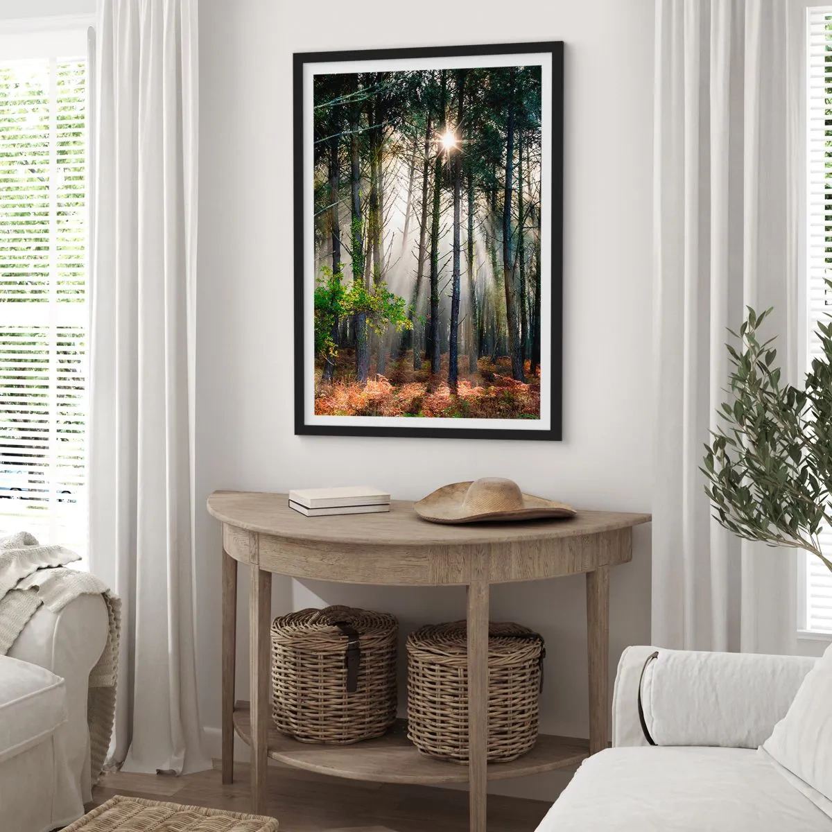 Poster in een zwarte lijst - Magische zonnestralen in het boslandschap - 50x70cm - Heilige bosplek - Moderne wanddecoratie voor woonkamer en slaapkamer ARTTOR