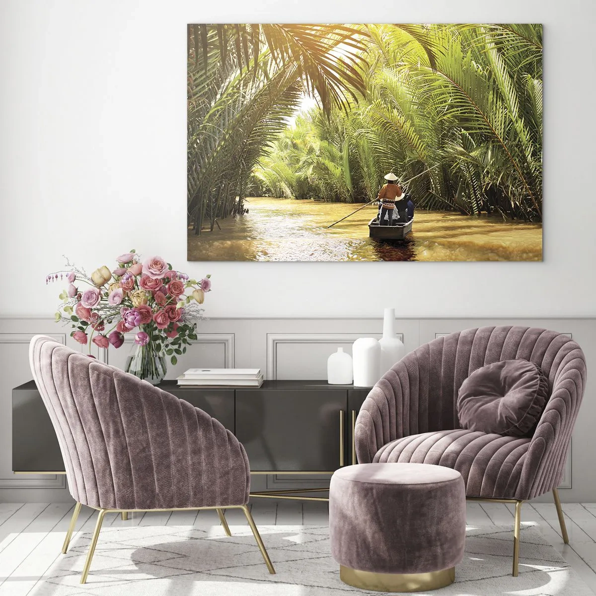 Schilderen op glas - Een boot met een man die hem roeit, vaart door een kloof met palmbomen - 70x50cm - Een palmravijn langs - Moderne wanddecoratie voor woonkamer en slaapkamer ARTTOR