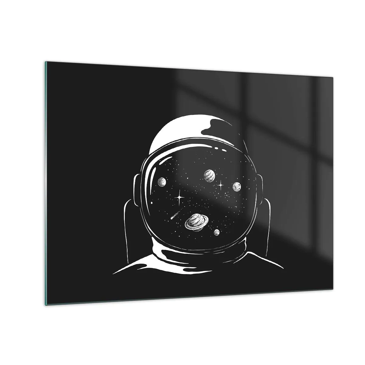 Schilderen op glas - Astronaut met sterren en planeten in zijn helm op een zwarte achtergrond - 70x50cm - Mooi uitzicht - Moderne wanddecoratie voor woonkamer en slaapkamer ARTTOR