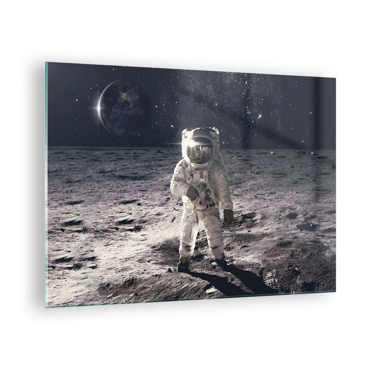 Schilderen op glas - Astronaut op het maanoppervlak met de aarde op de achtergrond - 70x50cm - Groetjes van de maan - Moderne wanddecoratie voor woonkamer en slaapkamer ARTTOR
