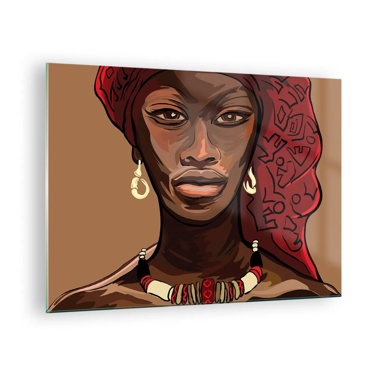 Schilderen op glas - Gestileerd portret van een vrouw met een rode tulband en sieraden. - 70x50cm - Ebbenhouten Venus - Moderne wanddecoratie voor woonkamer en slaapkamer ARTTOR
