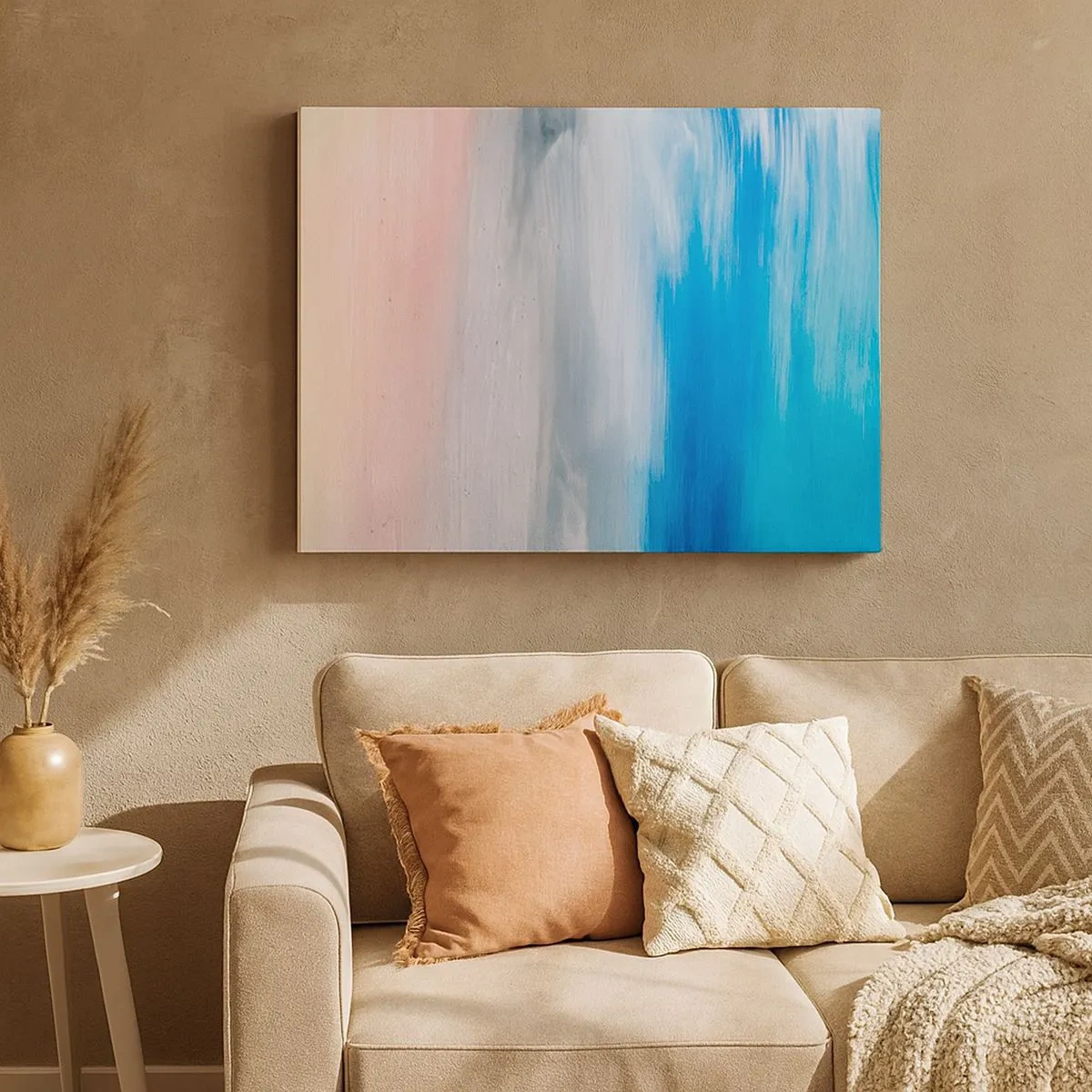 Schilderen op canvas - Abstracte penseelstreken in tinten blauw en roze - 70x50cm - Elementen: lucht - Moderne wanddecoratie voor woonkamer en slaapkamer ARTTOR
