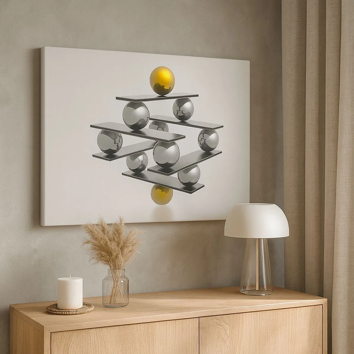Schilderen op canvas - Geometrische compositie met metalen ballen en een gouden accent - 70x50cm - Goud-zilver balans - Moderne wanddecoratie voor woonkamer en slaapkamer ARTTOR