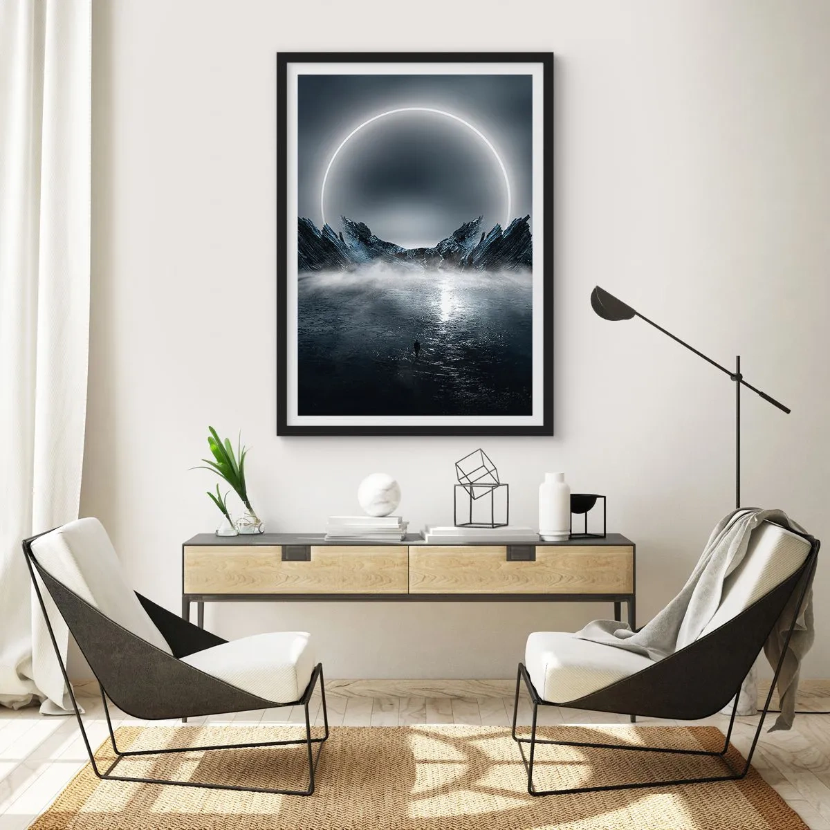 Poster in een zwarte lijst - Een mysterieus landschap met een heldere cirkel in de lucht - 50x70cm - Einde van het verhaal - Moderne wanddecoratie voor woonkamer en slaapkamer ARTTOR