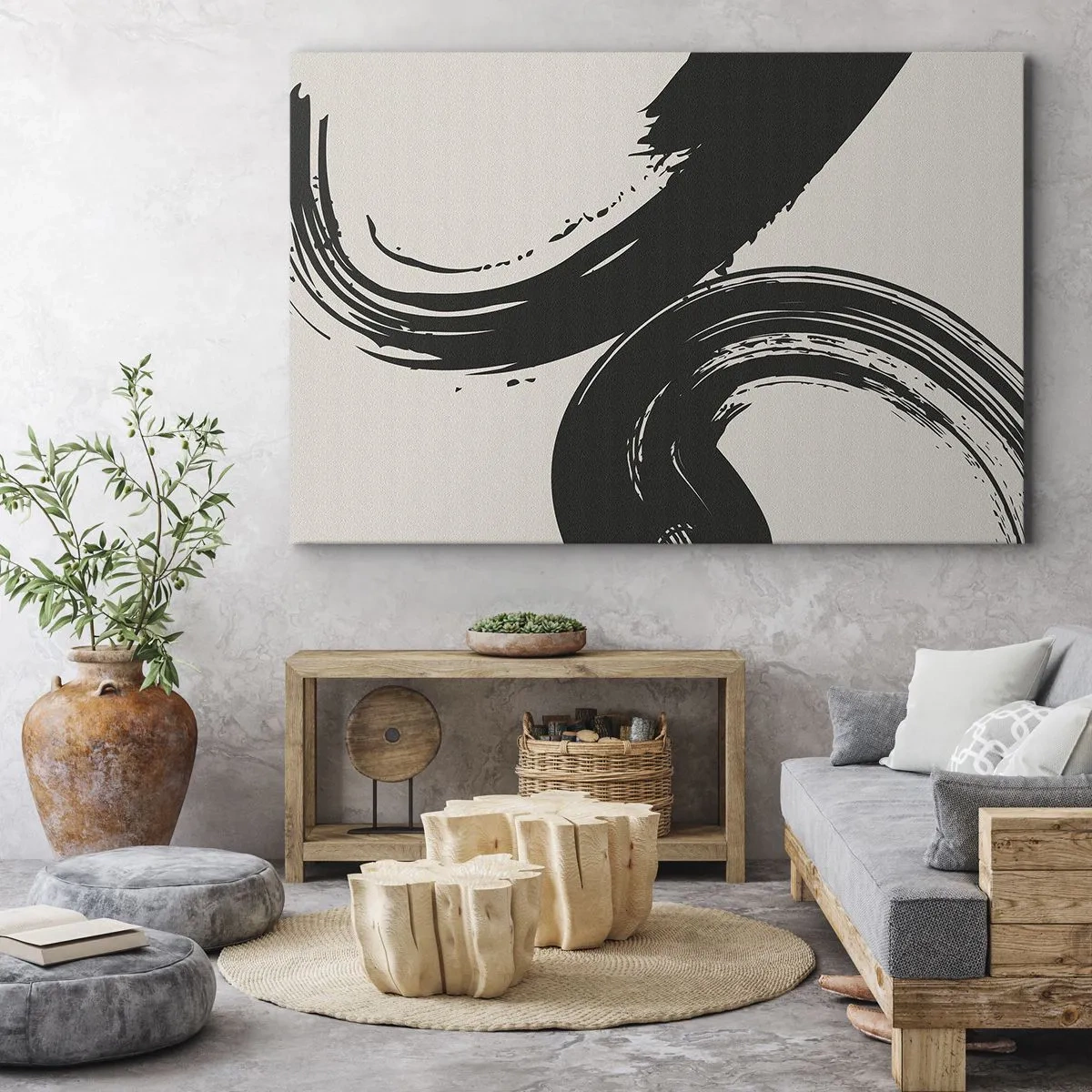 Schilderen op canvas - Dynamische penseelstreken in zwart op een lichte achtergrond - 70x50cm - Vegend en cirkevormig - Moderne wanddecoratie voor woonkamer en slaapkamer ARTTOR