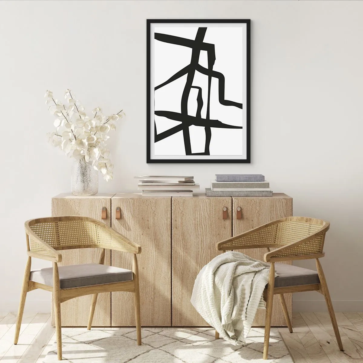 Poster in een zwarte lijst - Abstracte compositie van zwarte lijnen op een witte achtergrond - 50x70cm - Zwart-wit ontwerp - Moderne wanddecoratie voor woonkamer en slaapkamer ARTTOR