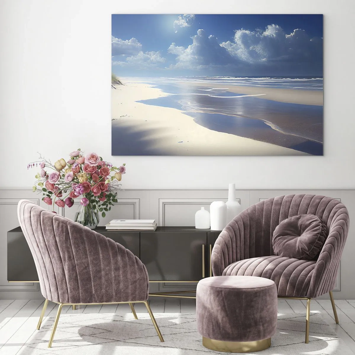 Schilderen op glas - Een breed zandstrand en kalme golven onder een blauwe lucht - 70x50cm - Paradijselijke vakantie - Moderne wanddecoratie voor woonkamer en slaapkamer ARTTOR