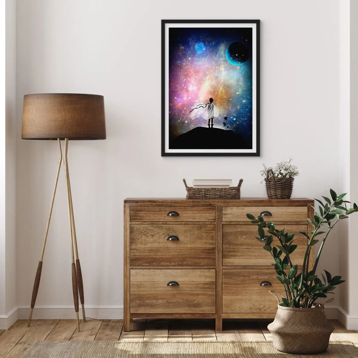 Poster in een zwarte lijst - Een fantastische ruimtescène met een silhouet van een personage en een roos - 50x70cm - Kleine Prins - Moderne wanddecoratie voor woonkamer en slaapkamer ARTTOR