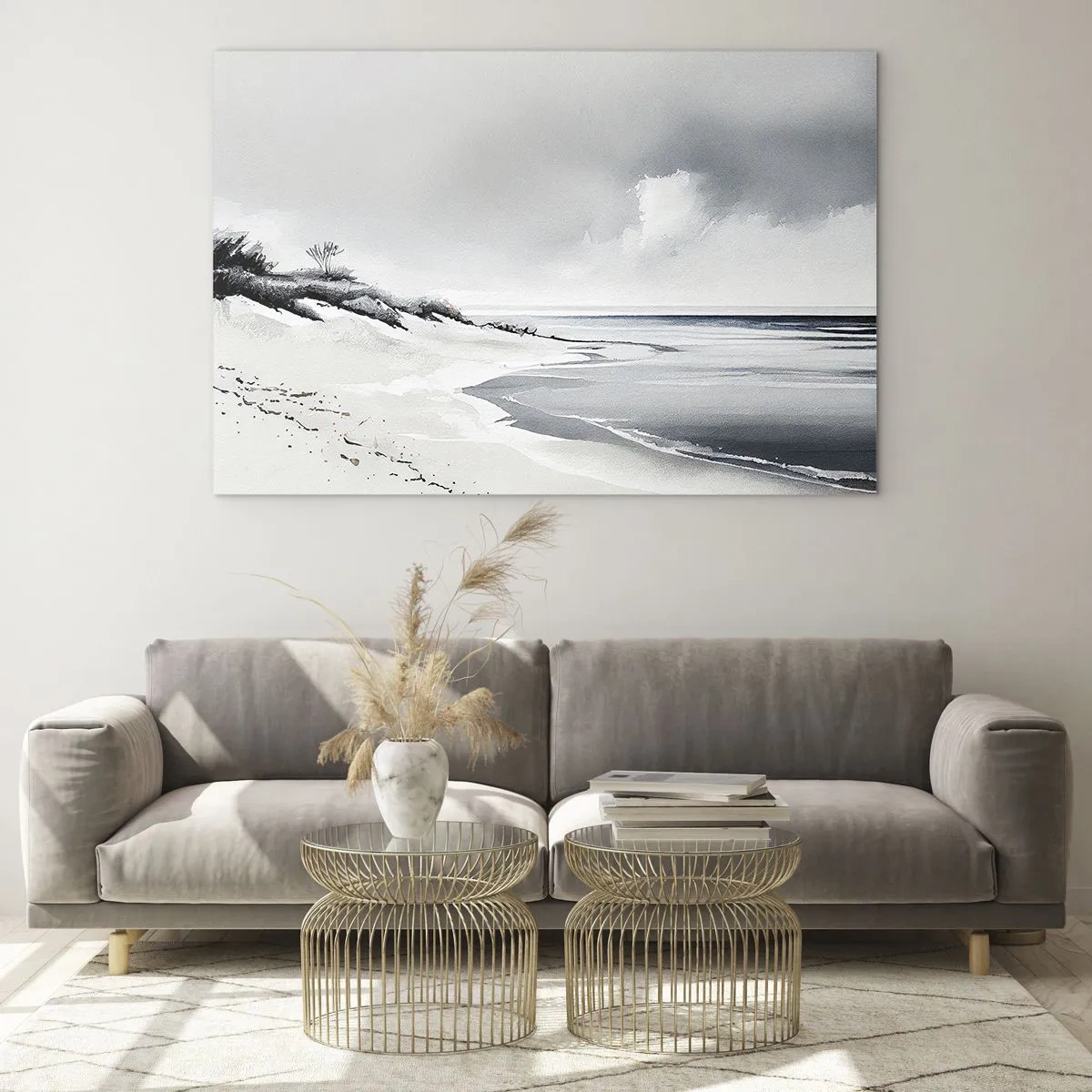 Schilderen op glas - Zwart-wit strand met horizon en kalme zee - 70x50cm - Voor altijd samen - Moderne wanddecoratie voor woonkamer en slaapkamer ARTTOR