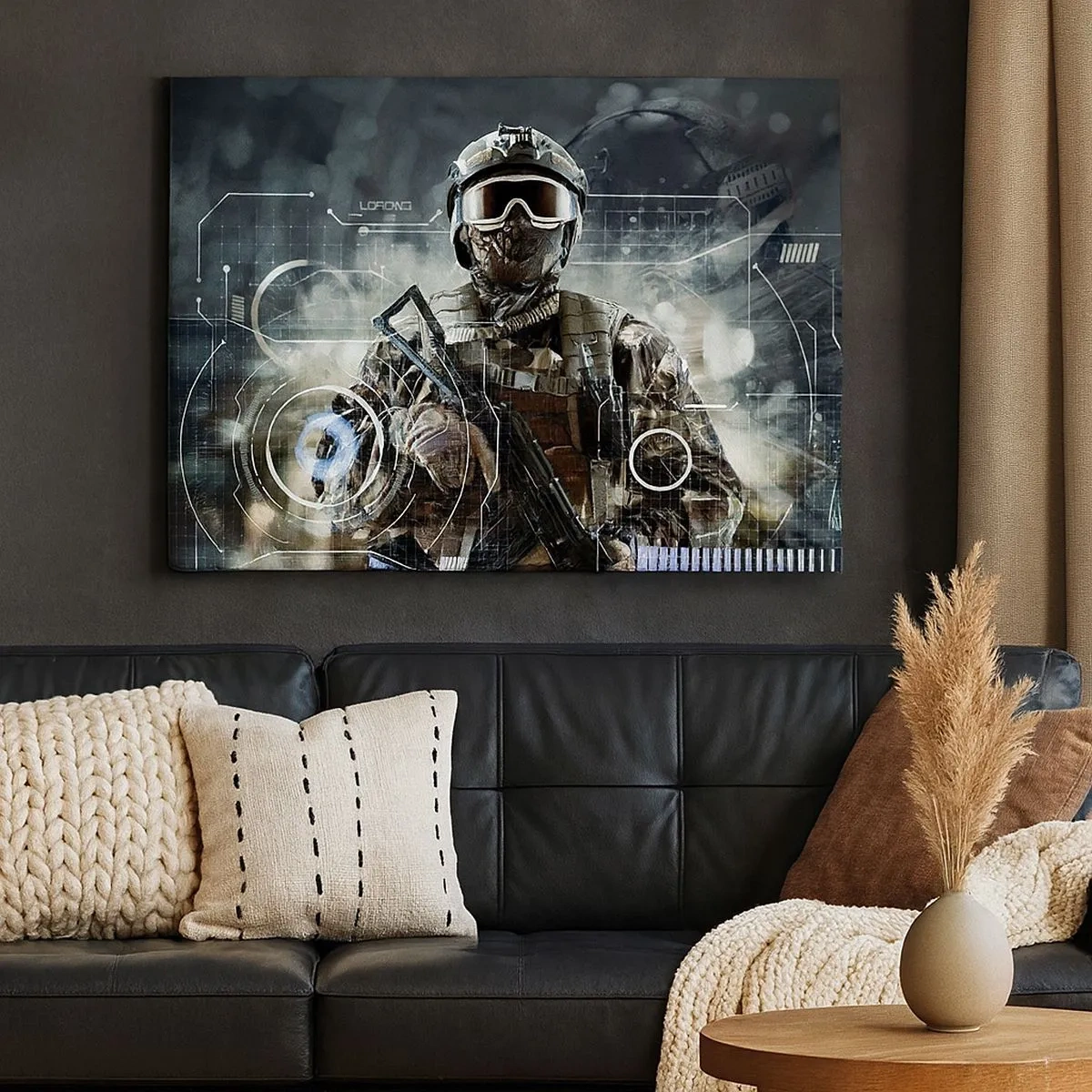 Schilderen op canvas - Een soldaat met een futuristische helm en een pistool op de achtergrond van technologie. - 70x50cm - Macht tot een macht verheven - Moderne wanddecoratie voor woonkamer en slaapkamer ARTTOR
