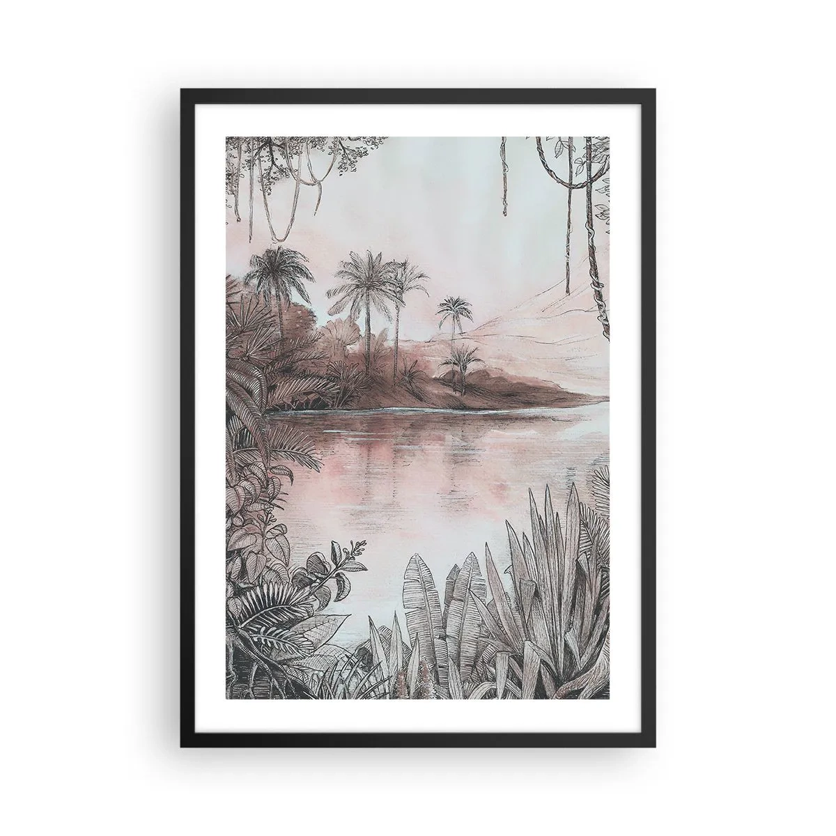 Poster in een zwarte lijst - Exotisch landschap aan het water - 50x70cm - Een 19e-eeuws ontdekkingsdagboek - Moderne wanddecoratie voor woonkamer en slaapkamer ARTTOR