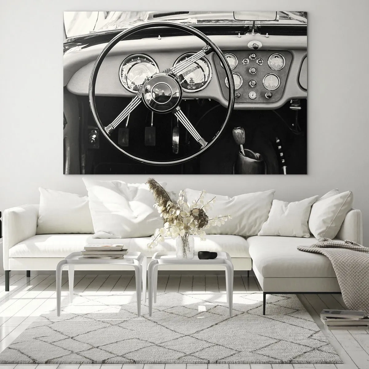 Schilderen op glas - Het stuur en de klokken van een klassieke auto in sepia - 70x50cm - De droom van een verzamelaar - Moderne wanddecoratie voor woonkamer en slaapkamer ARTTOR