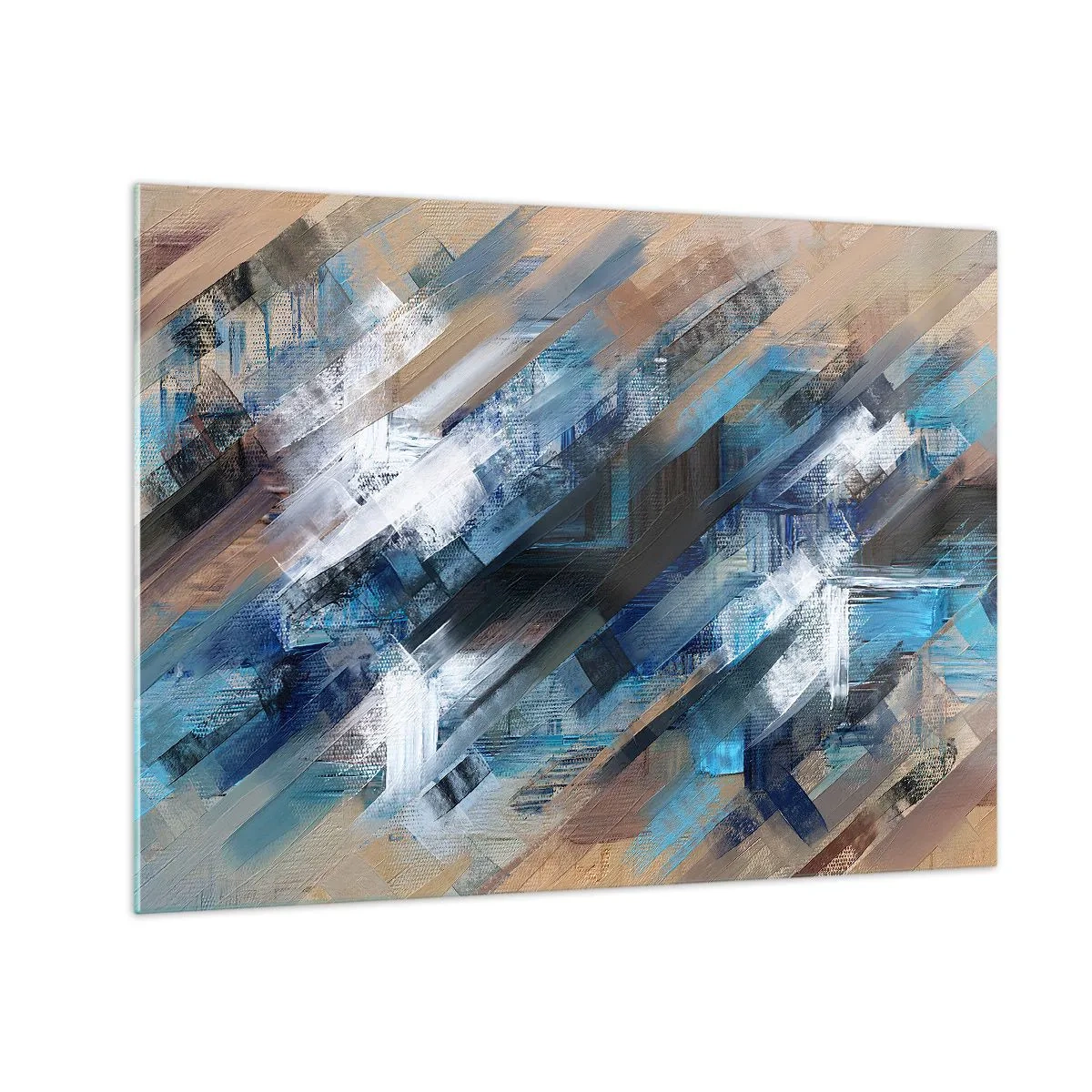 Schilderen op glas - Abstracte diagonale strepen in tinten blauw, wit en beige - 70x50cm - Op een blauwe diagonaal - Moderne wanddecoratie voor woonkamer en slaapkamer ARTTOR