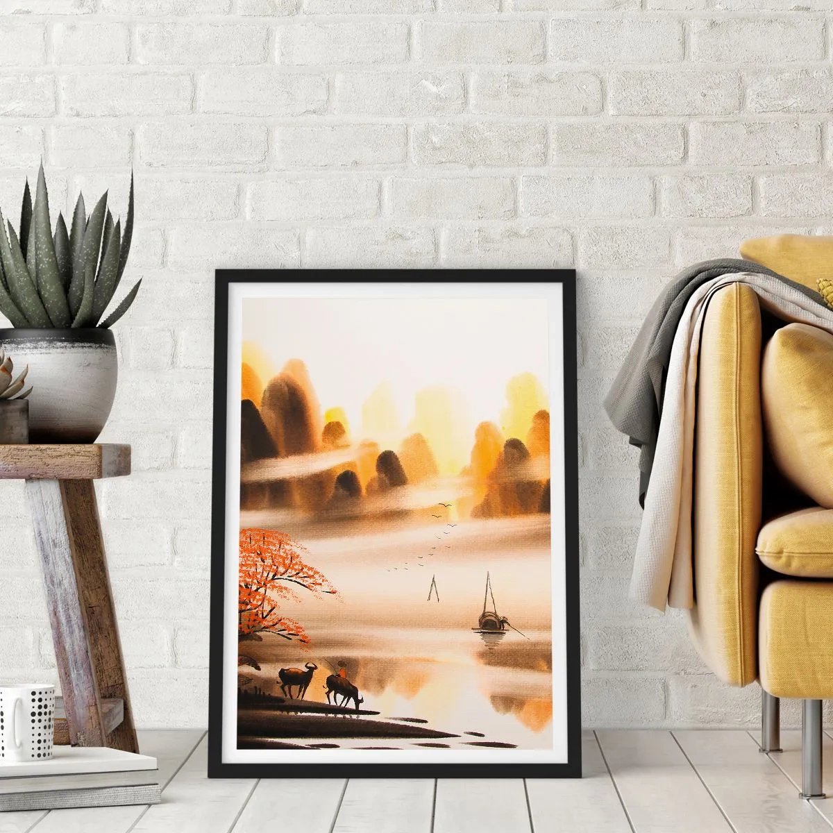 Poster in een zwarte lijst - Oosters berglandschap in de mist met een boot en dieren - 50x70cm - Verder dan het Verre Oosten - Moderne wanddecoratie voor woonkamer en slaapkamer ARTTOR