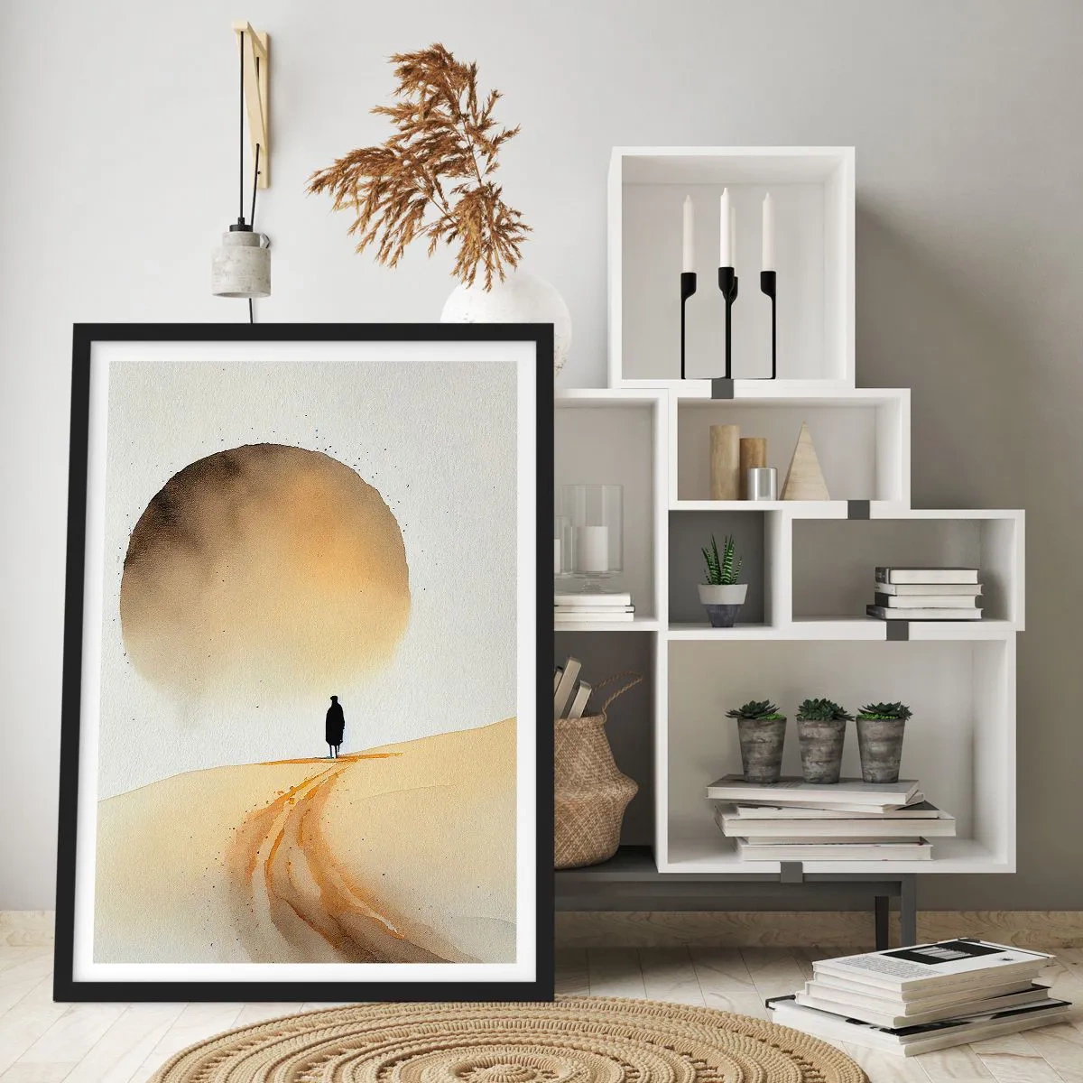 Poster in een zwarte lijst - Silhouet van een reiziger op een woestijnweg - 50x70cm - Altijd verlangen - Moderne wanddecoratie voor woonkamer en slaapkamer ARTTOR