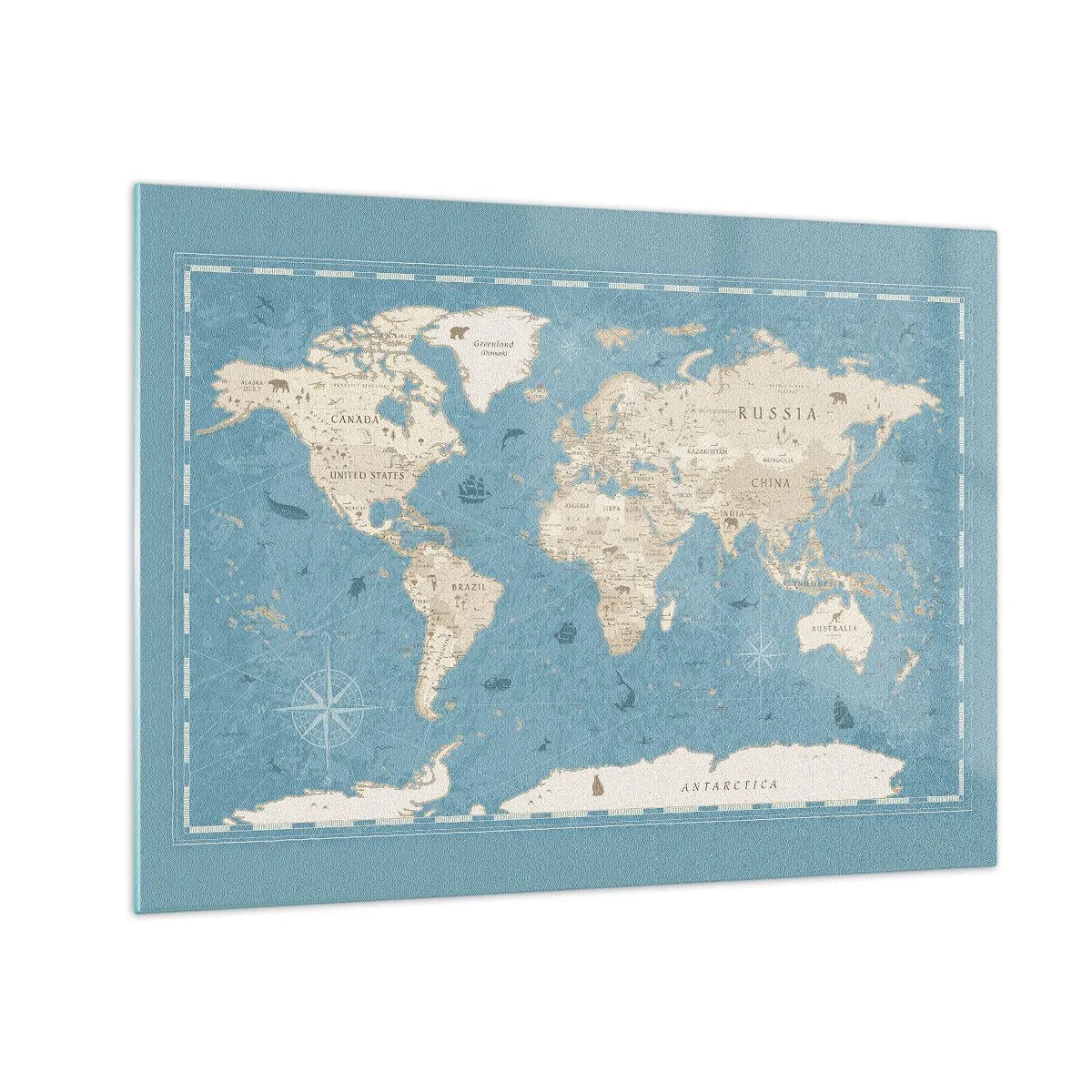 Schilderen op glas - Gestileerde wereldkaart op een blauwe achtergrond - 70x50cm - De wereld binnen handbereik - Moderne wanddecoratie voor woonkamer en slaapkamer ARTTOR
