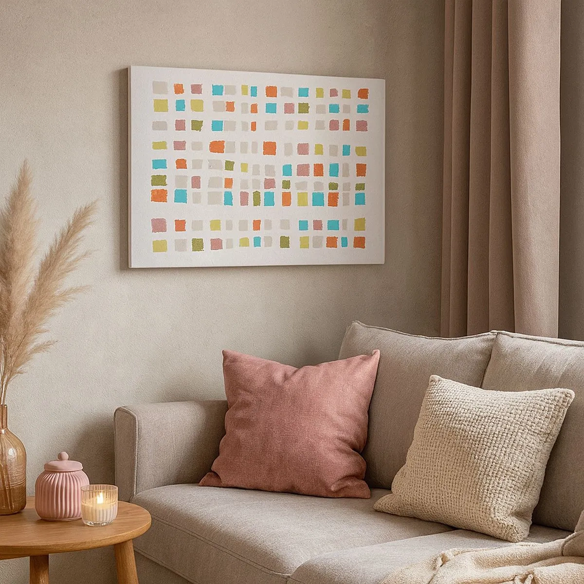 Schilderen op canvas - Kleurrijke vierkanten in een minimalistische opstelling op een witte achtergrond - 70x50cm - Onbekend spel - Moderne wanddecoratie voor woonkamer en slaapkamer ARTTOR