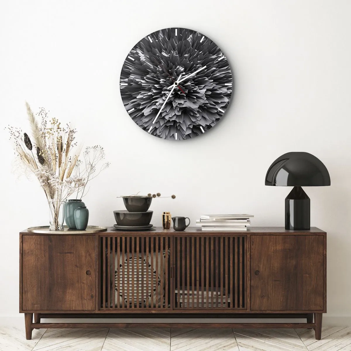 Wandklok - Klok - Abstracte zwart-witte 3D-compositie in de vorm van een explosie - 30x30cm - Strikter kan het niet - Moderne wanddecoratie voor woonkamer, keuken en slaapkamer ARTTOR