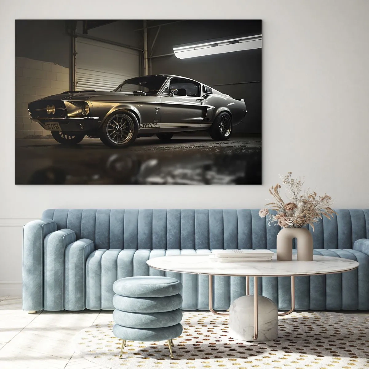 Schilderen op glas - Klassieke auto in garage onder industriële verlichting - 70x50cm - Terug naar het verleden - Moderne wanddecoratie voor woonkamer en slaapkamer ARTTOR