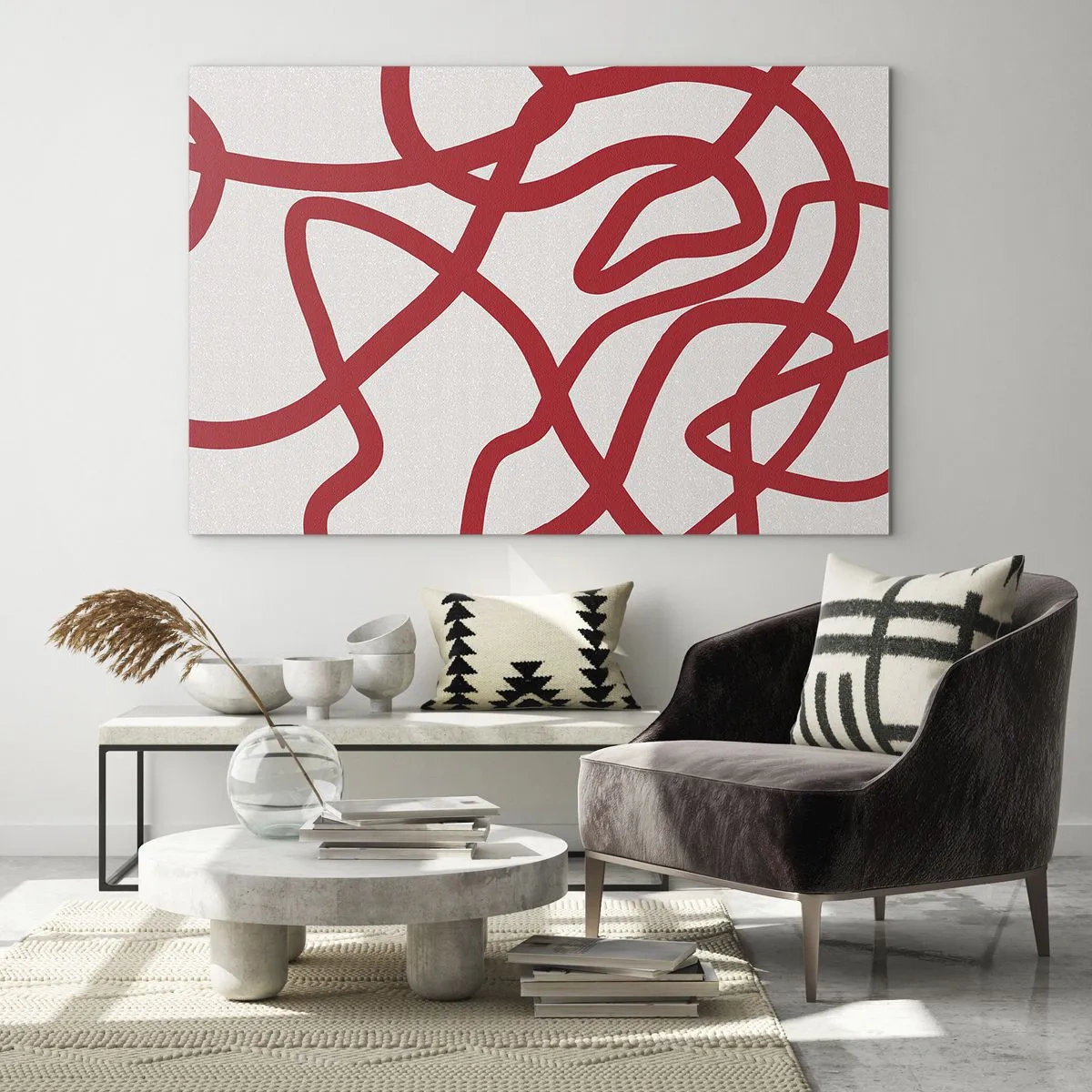 Schilderen op glas - Rode lijnen die dynamisch wervelen op een witte achtergrond - 70x50cm - Rood op wit - Moderne wanddecoratie voor woonkamer en slaapkamer ARTTOR