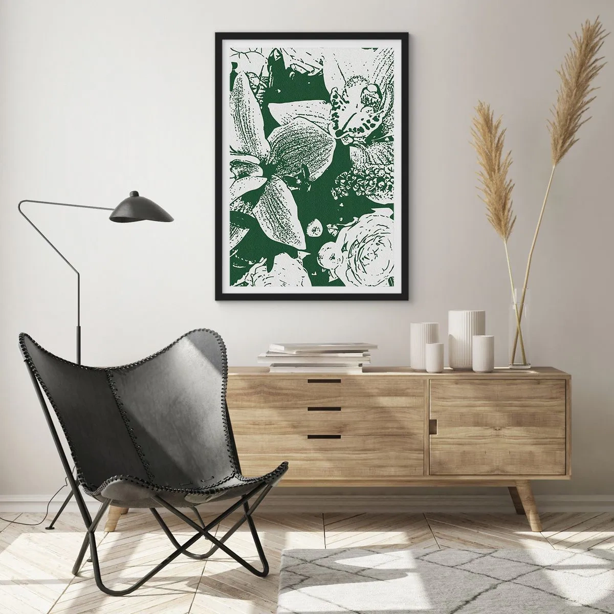 Poster in een zwarte lijst - Botanische illustratie van bloemen en bladeren in contrasterende kleuren - 50x70cm - Boeket - de wereld van groen - Moderne wanddecoratie voor woonkamer en slaapkamer ARTTOR