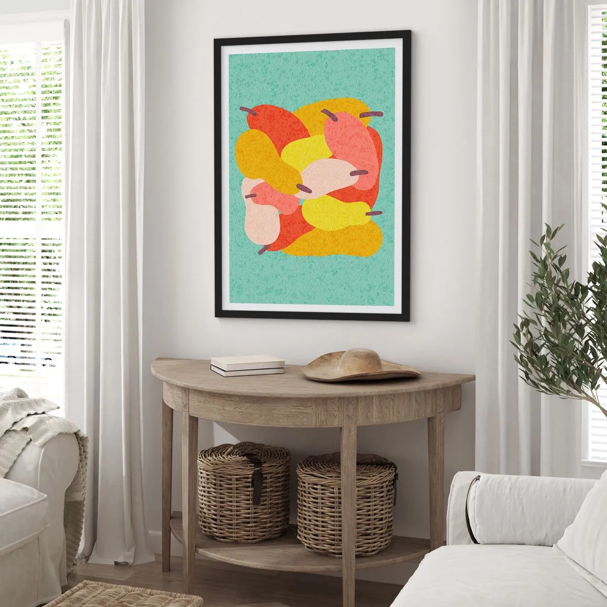 Poster in een zwarte lijst - Kleurrijke illustratie van peren op een turquoise achtergrond - 50x70cm - Probeer de zomerzon - Moderne wanddecoratie voor woonkamer en slaapkamer ARTTOR
