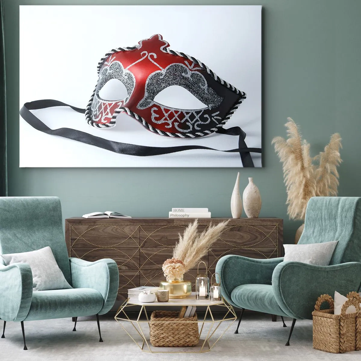 Schilderen op canvas - Rood carnavalsmasker op een lichte achtergrond - 70x50cm - Uitnodiging voor het bal - Moderne wanddecoratie voor woonkamer en slaapkamer ARTTOR