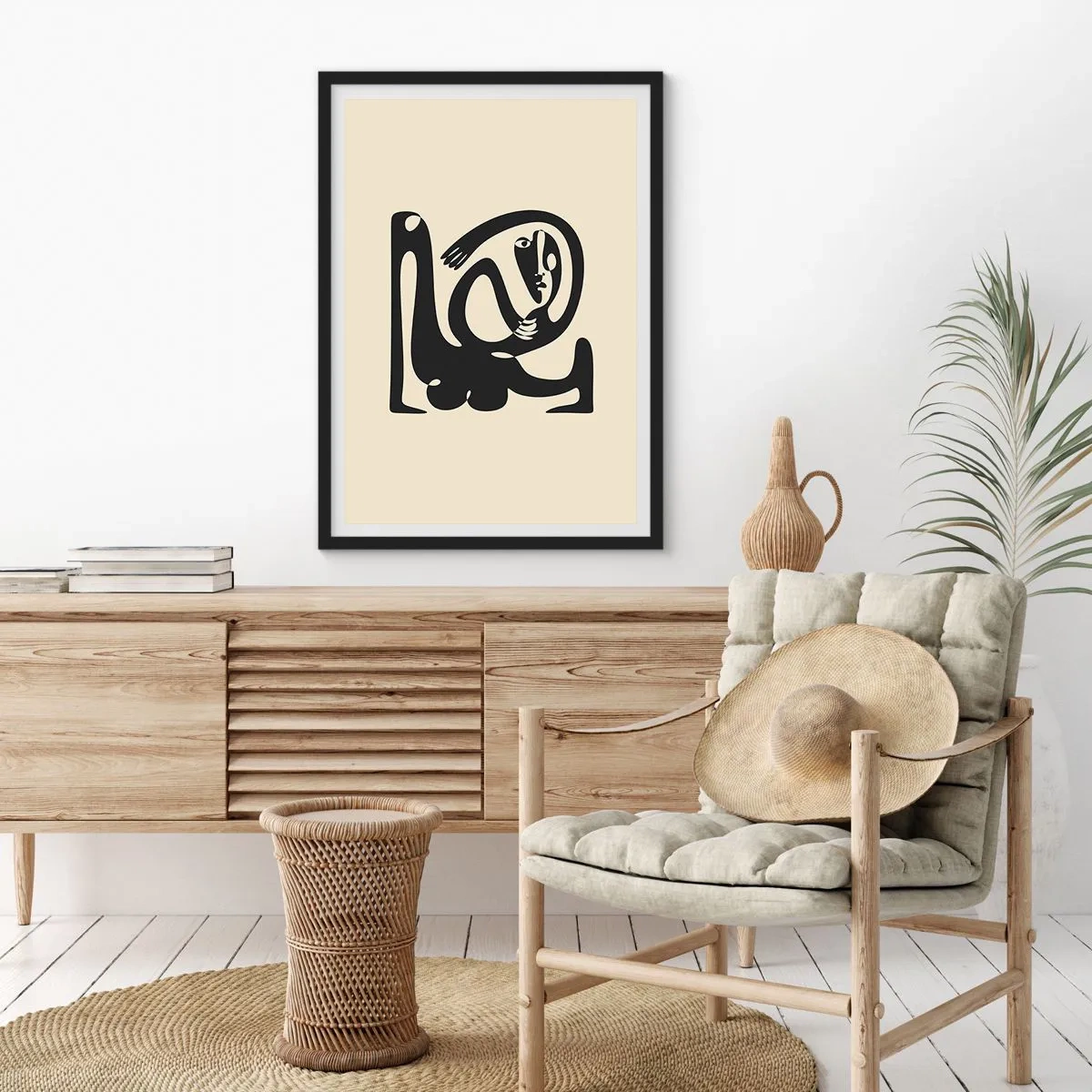 Poster in een zwarte lijst - Abstract figuur op een beige achtergrond met zwarte lijnen - 50x70cm - Bijna Picasso - Moderne wanddecoratie voor woonkamer en slaapkamer ARTTOR