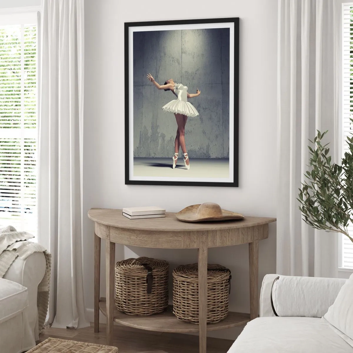 Poster in een zwarte lijst - Een ballerina in een witte jurk tegen de achtergrond van een ruwe betonnen muur. - 50x70cm - Licht als een vogel - Moderne wanddecoratie voor woonkamer en slaapkamer ARTTOR