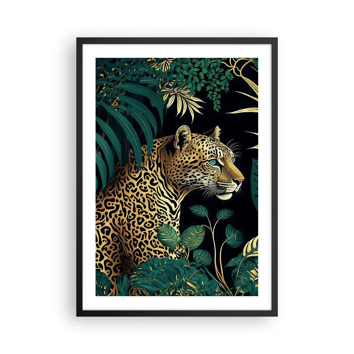 Poster in een zwarte lijst - Gouden luipaard in de tropische jungle - 50x70cm - Een gastheer in de jungle - Moderne wanddecoratie voor woonkamer en slaapkamer ARTTOR