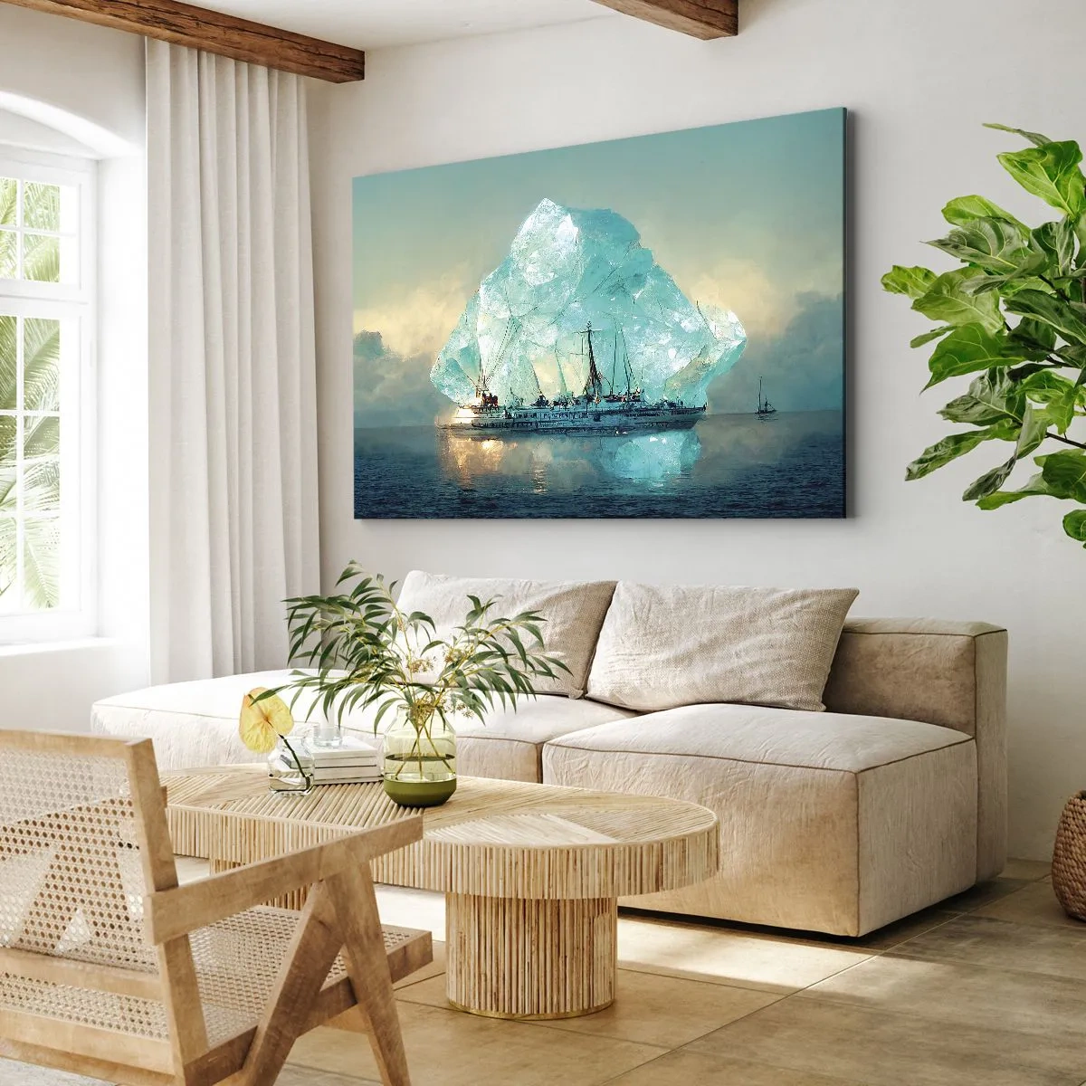 Schilderen op canvas - Een schip met een majestueuze ijsberg op de achtergrond - 70x50cm - Arctische diamant - Moderne wanddecoratie voor woonkamer en slaapkamer ARTTOR