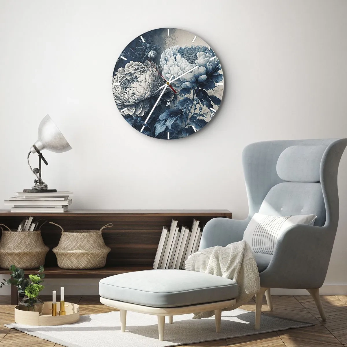 Wandklok - Klok - Illustratie van twee pioenrozen in tinten blauw en wit - 30x30cm - Bij elkaar passend paar - Moderne wanddecoratie voor woonkamer, keuken en slaapkamer ARTTOR