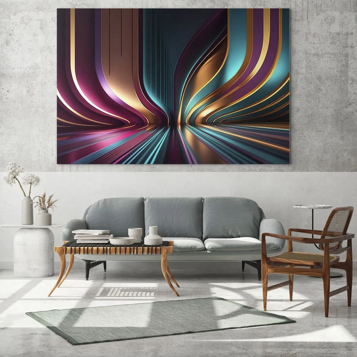 Schilderen op glas - Kleurrijke lichtlijnen creëren futuristische vormen - 70x50cm - Architectuur van licht - Moderne wanddecoratie voor woonkamer en slaapkamer ARTTOR