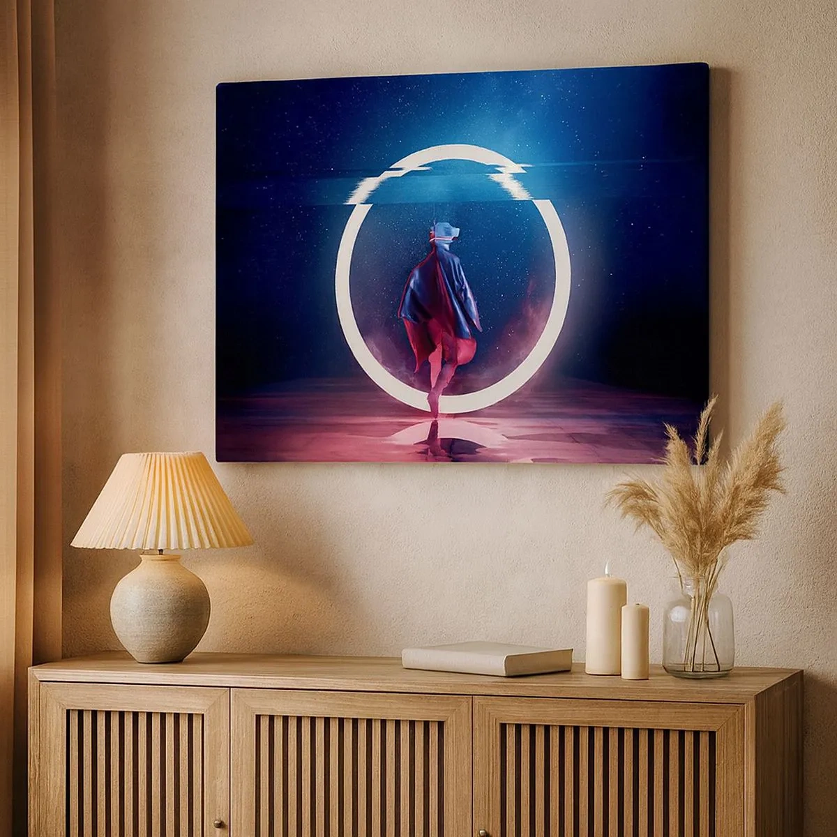 Schilderen op canvas - Een personage in een futuristische omgeving met een neoncirkel - 70x50cm - Tussen werelden - Moderne wanddecoratie voor woonkamer en slaapkamer ARTTOR