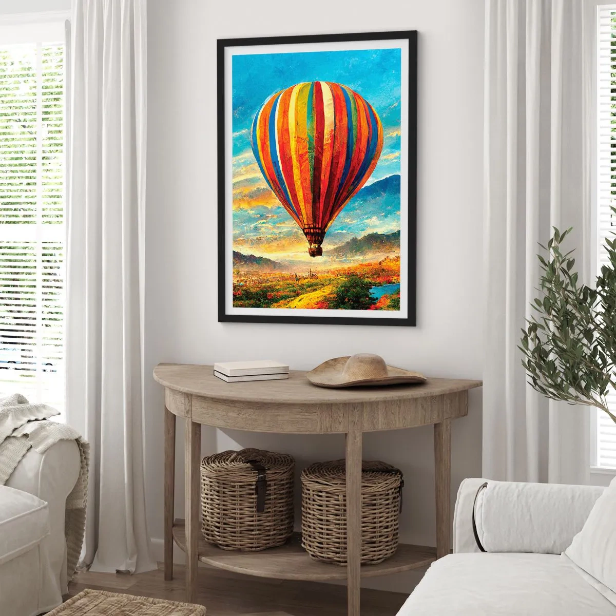 Poster in een zwarte lijst - Een kleurrijke ballon boven een schilderachtig landschap - 50x70cm - In stilte zie je meer - Moderne wanddecoratie voor woonkamer en slaapkamer ARTTOR